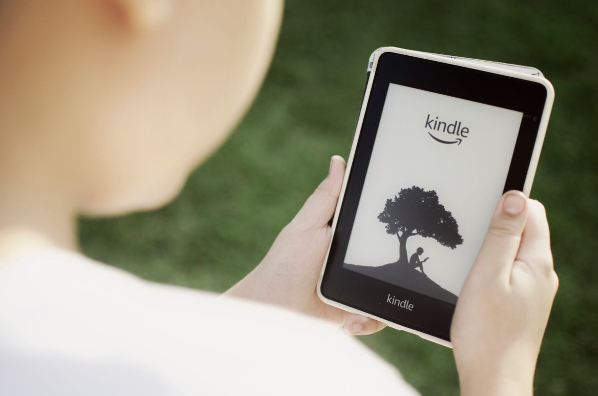 E-Book-Reader in der Hand vor hellem Hintergrund