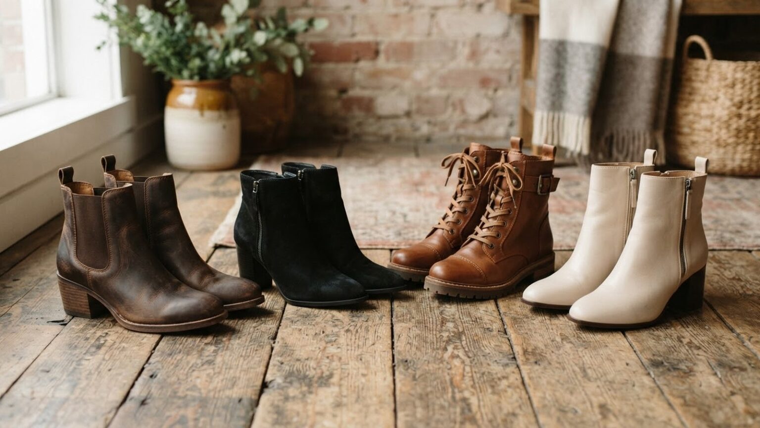 Stiefeletten für Damen, die vom Büro bis zum Wochenende passen Vier Paar Stiefeletten für Damen nebeneinander auf einem Holzboden