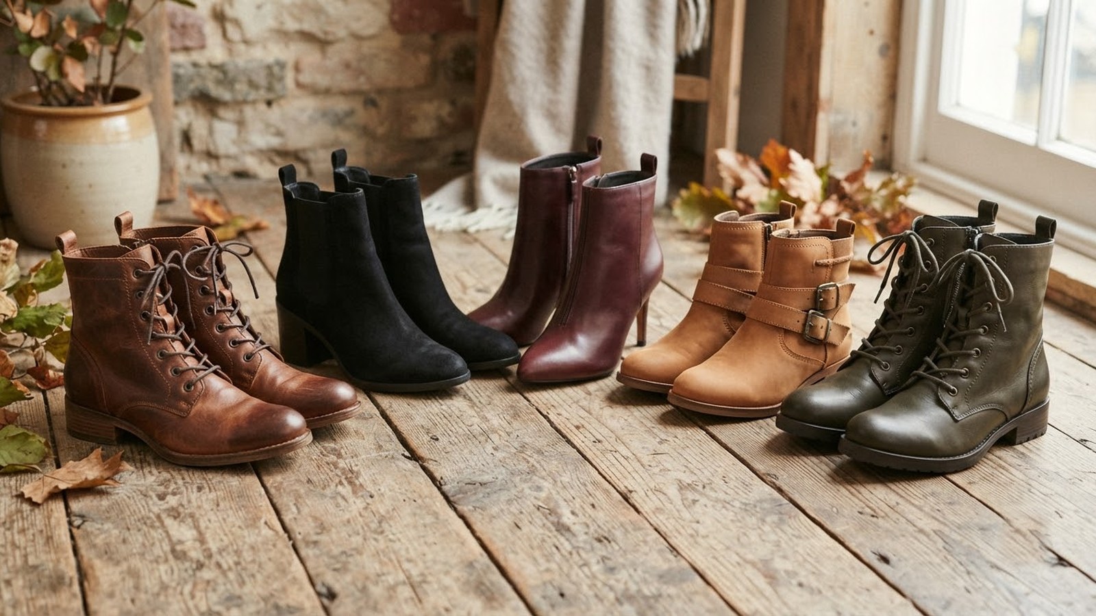 Fünf Paar Stiefeletten für Damen auf einem Holzboden mit Herbstlaub
