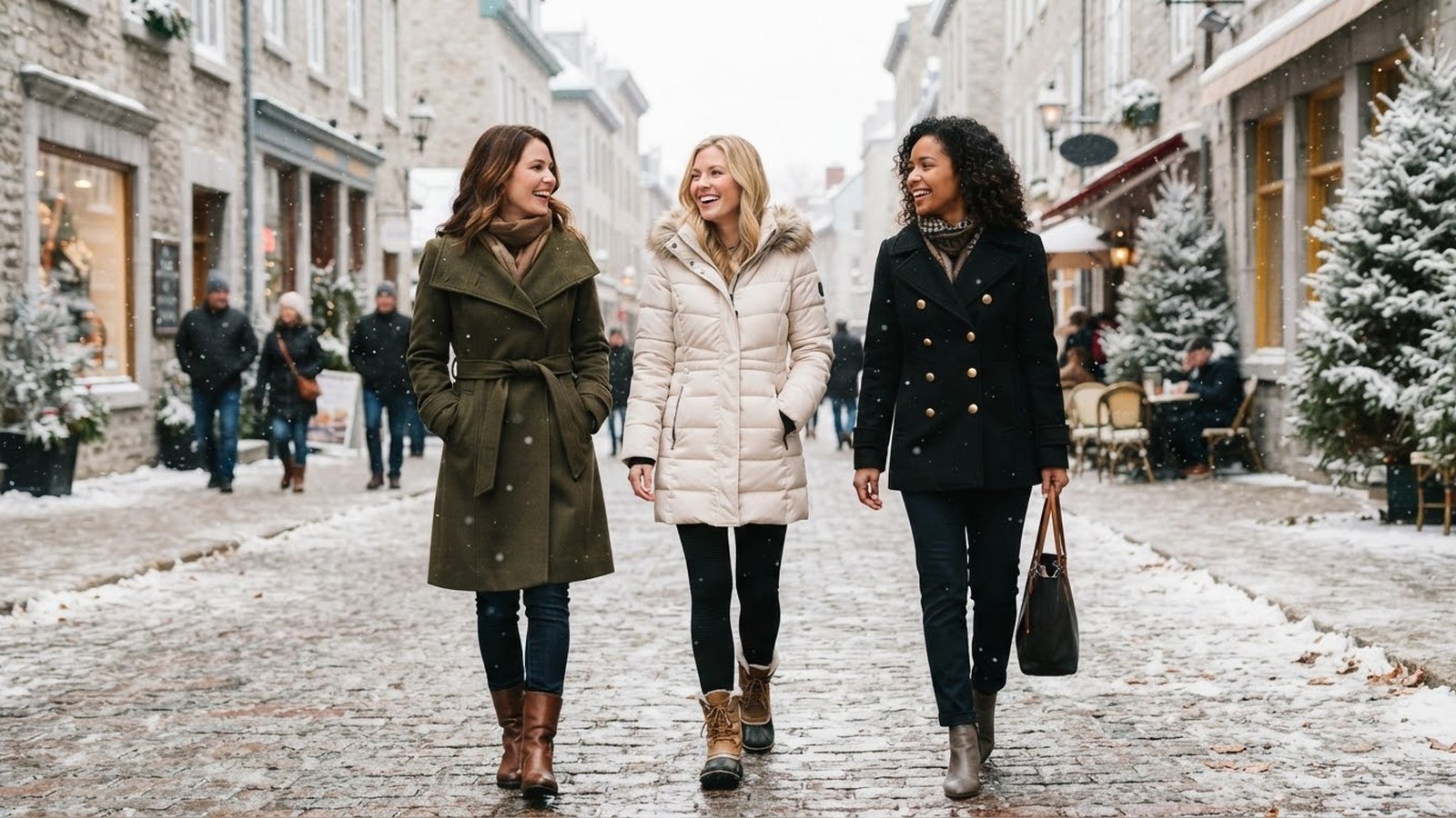 Drei Frauen in unterschiedlichen Wintermänteln auf einer verschneiten Gasse